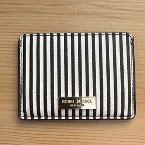 Henri Bendel Black and White Striped Card Case with Gold Plaque